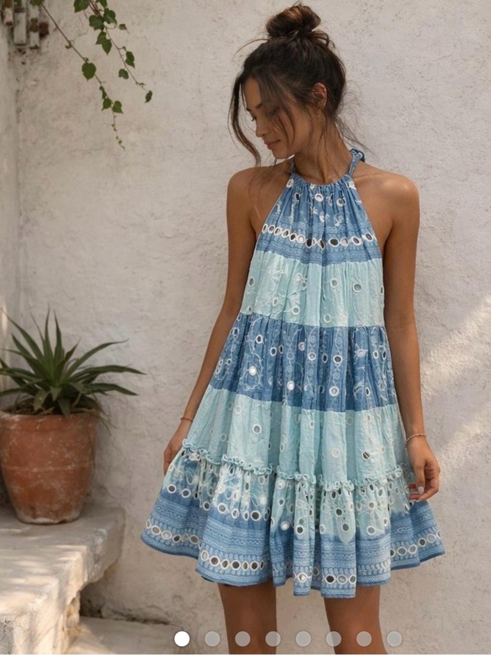 Juliet Dunn Blue and Aqua Halter Tiered Mini Dress
